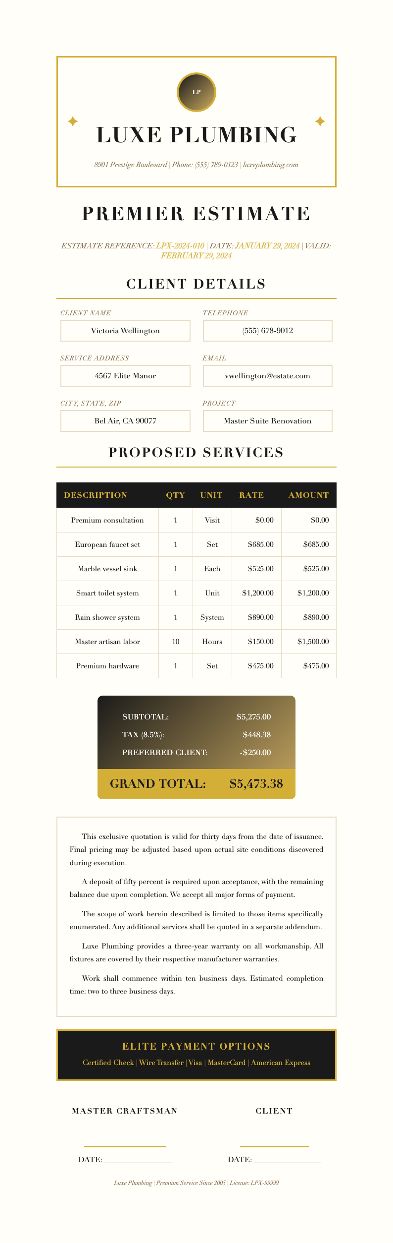 Contemporary Bold plumbing estimate document
